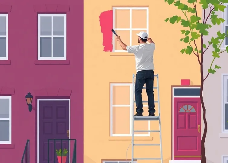 Peintre sur échafaudage traitant la façade d'une maison